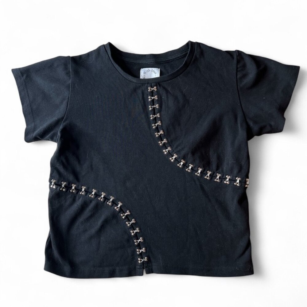 Rare With Jean Black Short Sleeve Hook-and-Eye Crop Top Small Y2K Streetwear